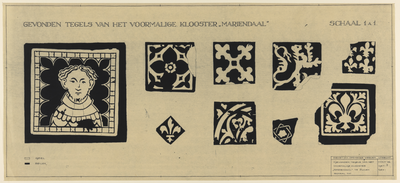 217509 Afbeeldingen van enkele tegels die gevonden zijn bij de opgraving van het voormalige klooster Mariëndaal tussen ...